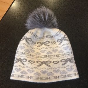 Knit Hearts & Bows Beanie Hat with Fox Fur Pom Pom